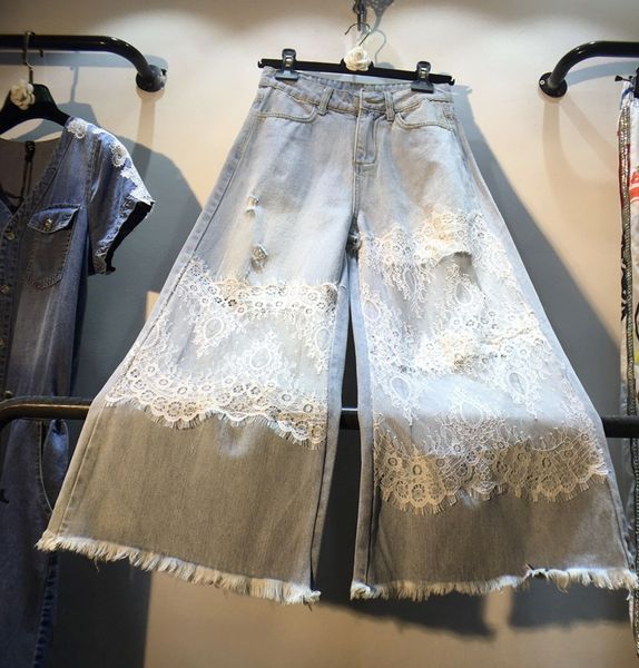 

european denim trousers woman 2019 summer european new stitching crochet lace high waist wide legs nine jeans pants, Blue