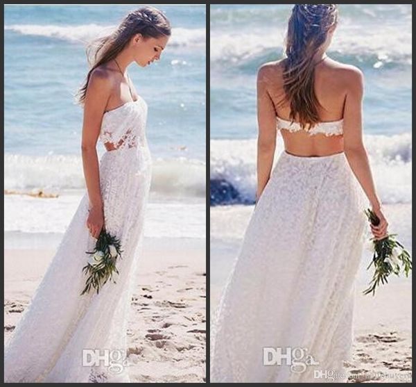 

new two pieces beach lace wedding dresses strapless lace bodice ruched backless summer designer wedding dress bridal gowns 2019, White