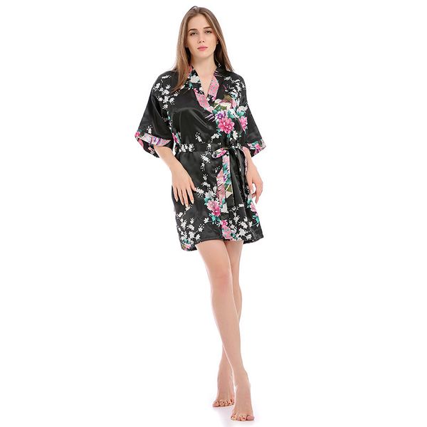 

women mini bridesmaid wedding robe elegant print flower bathrobe gown novelty half sleeve home clothes size s,,l,xl, Black;red