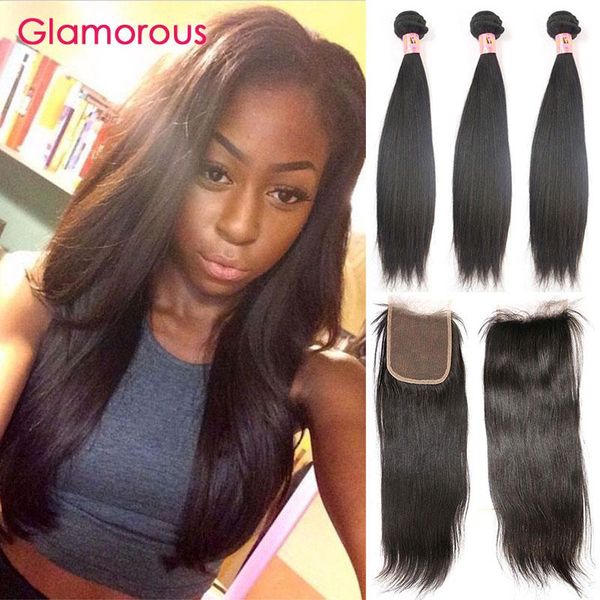 2019 Glamorous 3 Bundles Brazilian Hair Weaves With Closure