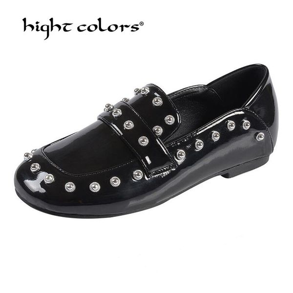 

spring 2020 genuine leather flat shoes women rivets shoes woman casual square toe flats loafers ladies studs t2-15, Black
