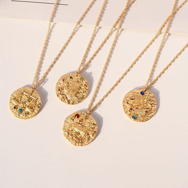 

huanzhi 12 zodiac constellation carve coin pendant necklace simple copper leo beads clavicle chain necklace couple jewelry, Silver
