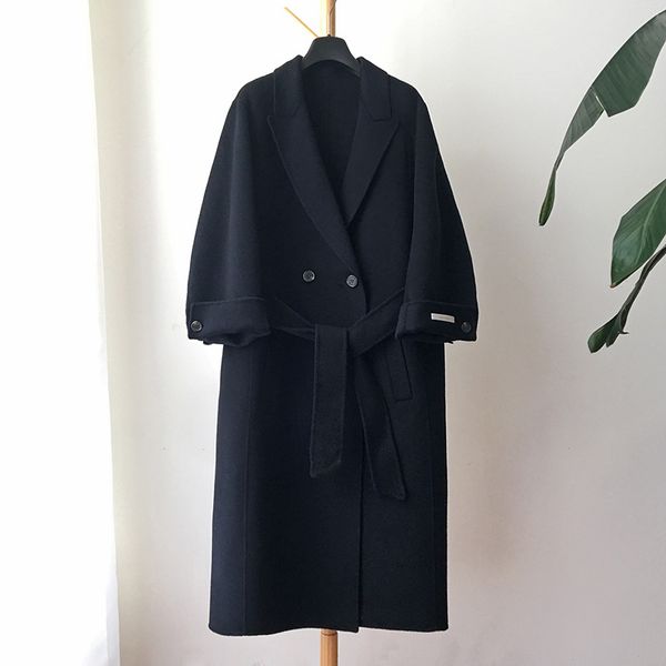 

women's wool & blends coat long dark navy warm 100% jacket loose 2021 autumn winter korean blend outerwear, Black