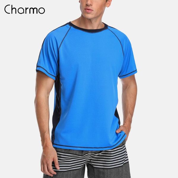 

charmo men rashguard dry-fit short shirt surfing suit men diving shirt uv-protection rash guard upf 50+ patchwork beach wear