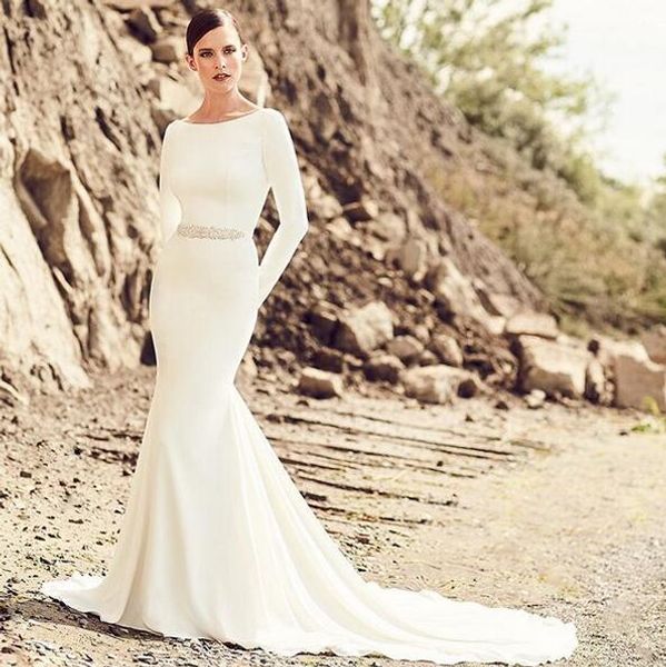 

мусульманские атласные свадебные платья с длинным рукавом с поясом из бисера длина пола по индивидуальному заказу развертки свадебное платье, White