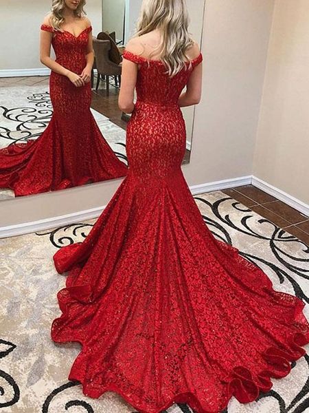 

off the shoulder prom gown deep red lace mermaid evening dress robe de soiree custom made, Black;red