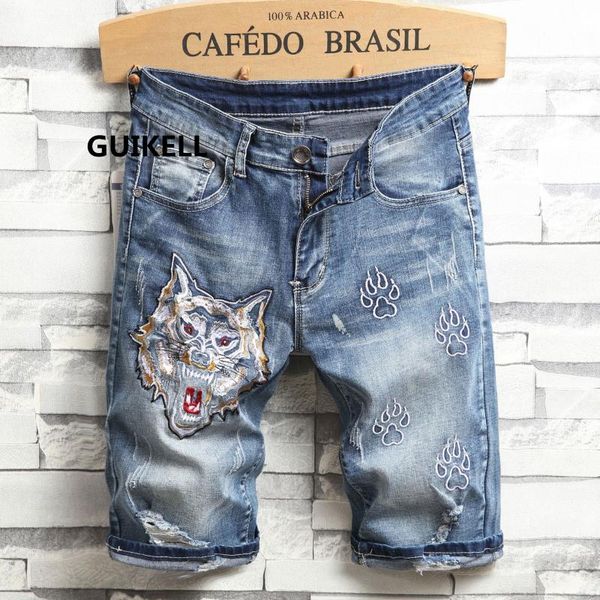 

guikell 2020 new summer men's denim shorts slim straight tube wolf head embroidery hole water wash pants 5-point pants, Blue