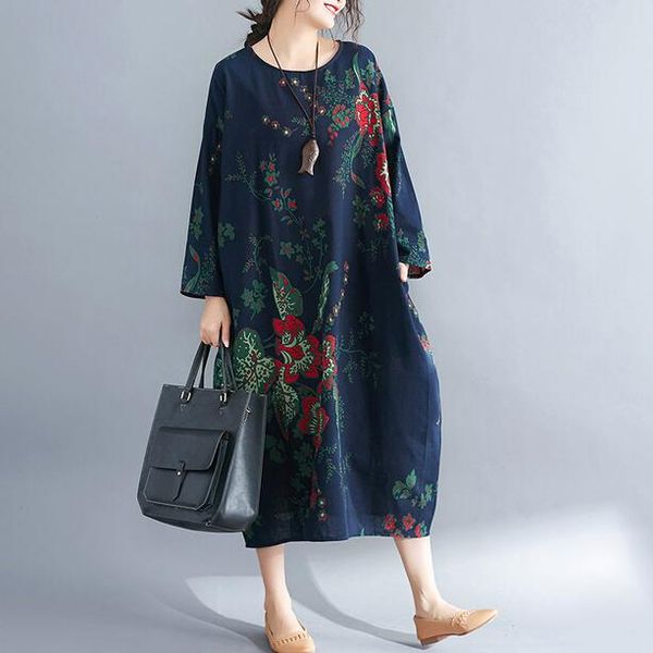 

2020 women's plus size dresses spring style vintage floral printing cotton linen big size dress female ah559, Black;gray
