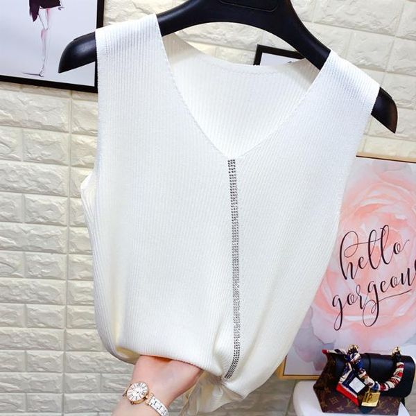 

women slim ice slik sleeveless tank female elastic v-neck knitted camisole club girls strap camis vest h06, White