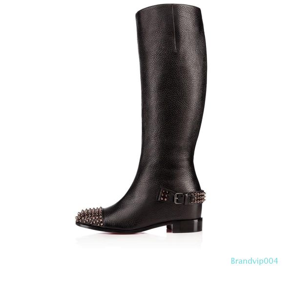 

2019 women long boots low heels red bottom over-knee boot egoutina boots grained skin black genuine leather with rivets shoes