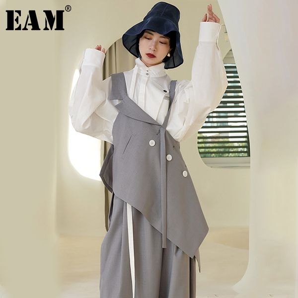 

eam] 2020 new spring summer v-collar sleeveless obique button irregular hem personality tank women fashion tide jr445, White