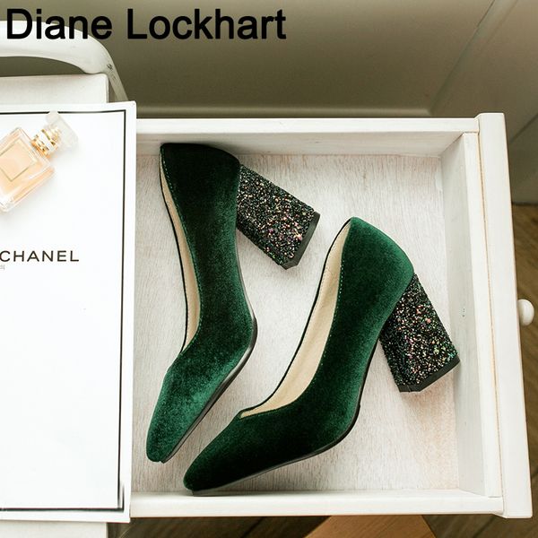 

women pumps velvet high heels ladies shoes elegant pointed toe wedding female shallow shoes green autumn fashion size 32 41 42, Black