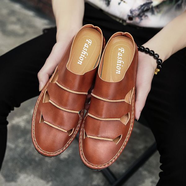 

shoes men genuine leather shoes plus size 38-47 comfortable slippers sandals dd040, Black