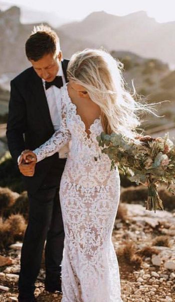 

boho style mermaid lace wedding dresses 2020 new custom selling deep v-neck backless long sleeve bridal gowns vestido de novia w206, White