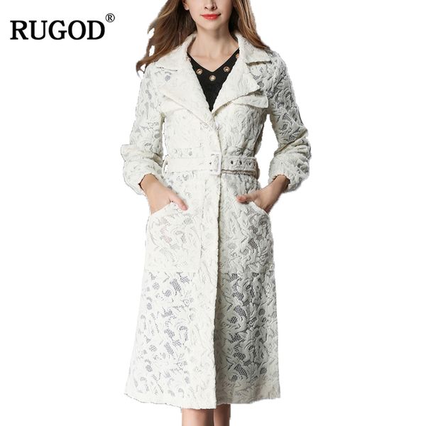 

rugod new lace trench coat for women autumn outerwear turn-down collar belted single breasted slim fit long coat casaco feminino, Tan;black