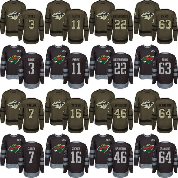 

2018 men minnesota wild 3 charlie coyle 11 zach parise 16 jason zucker 22 nino niederreiter 1917-2017 100th anniversary black green jersey, Black;red