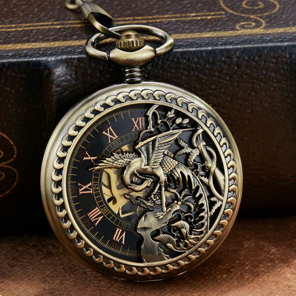 

vintage mechanical pocket watch hollow phoenix bird roman skeleton clock hand winding men fob chain watches double case clock, Slivery;golden