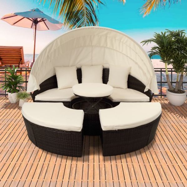 

патио мебель круглый открытый секционный диван набор ротанг кушетка лежак с выдвижной навес регулируемая по высоте стол подставка для ног от