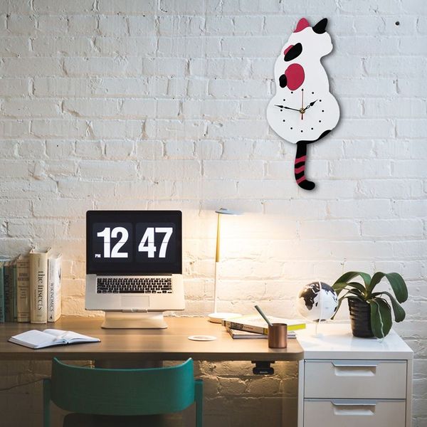

3d cute cat wall clock wag tail silence home decoration kids gift white