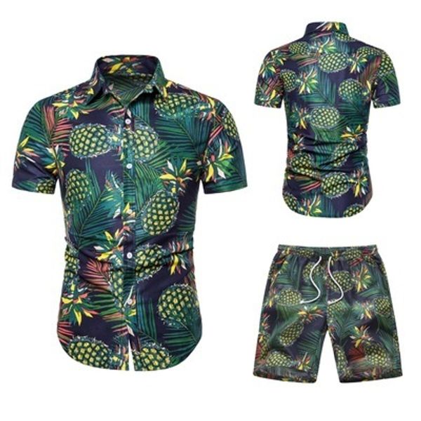 

2020 new arrival men summer tracksuits available short sleeves + pants round neck fashion casual men size s to 2xl pineapple print set, Gray