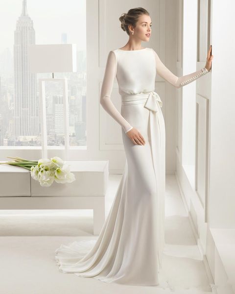 

2019 new design charming long sleeves chiffon satin wedding dresses white scoop floor-length formal gowns vestdo de novia