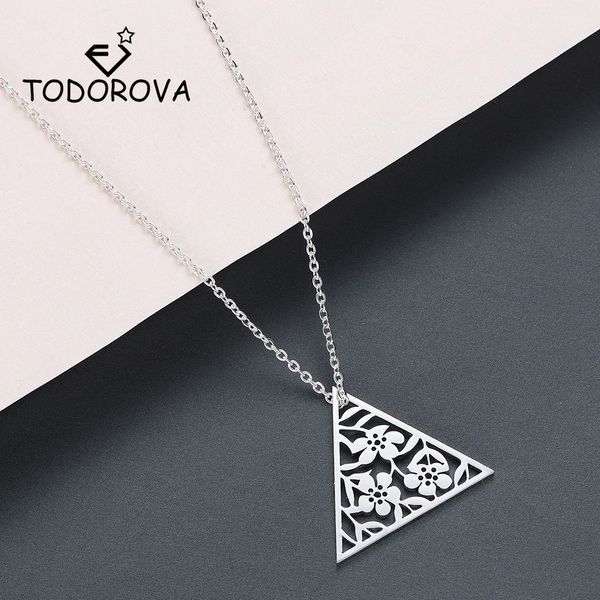 

todorova stainless steel geometric pendant necklace flower necklace art deco triangle for women jewellery collar, Silver