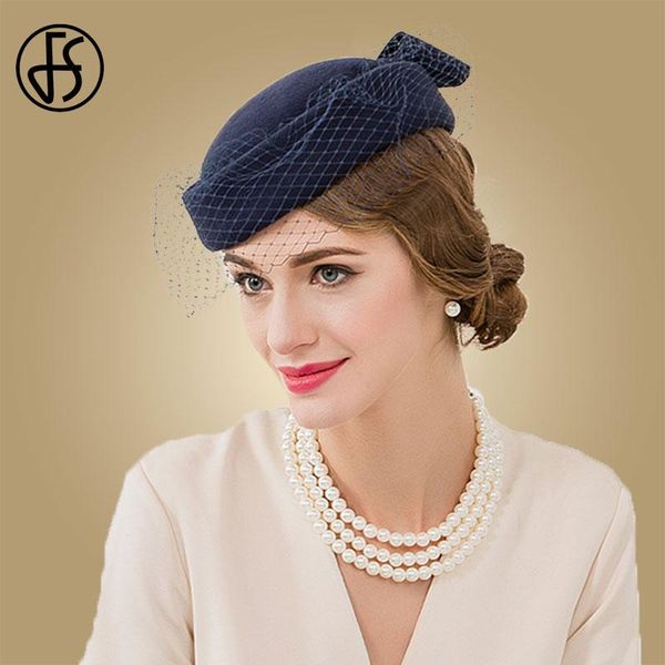 

fs vintage royal blue wool felt pillbox hat fascinator for elegant women wedding beret hat veil fedora ladies church caps eazrn, White
