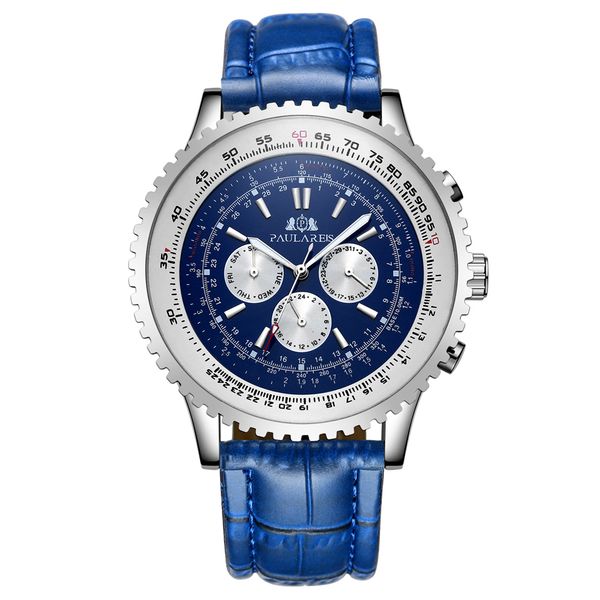 

automatic self wind mechanical stainless steel black brown blue genuine leather strap sports big size 50mm men watch, Slivery;brown