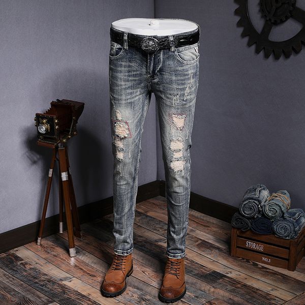 

mens designer slim hole straight jeans pants, Blue