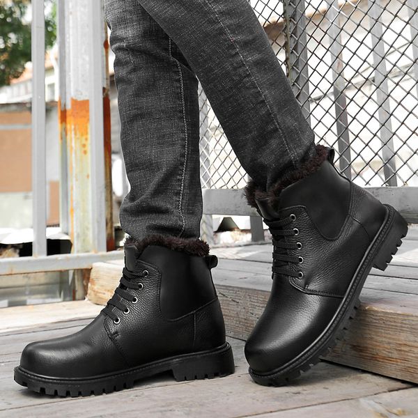 

natural cow leather boots men handmade plush warm men winter shoes rubber anti-skidding ankle snow boots shoes, Black