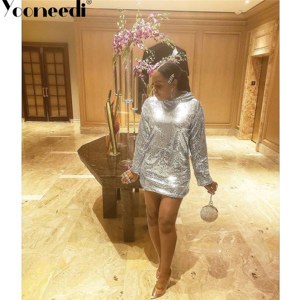 

yooneedi 2019 autumn design women dress color solid sequins hooded full sleeve ladies mini dress lq-5110, Black;gray