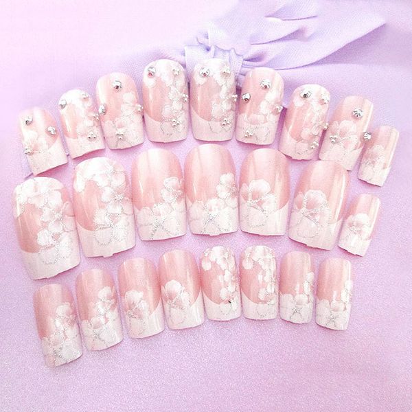 

24pcs/set 3d fake nail art girls fashion shining rhinestone full nails tips flowers printing bride wedding nails tips with glue, Red;gold