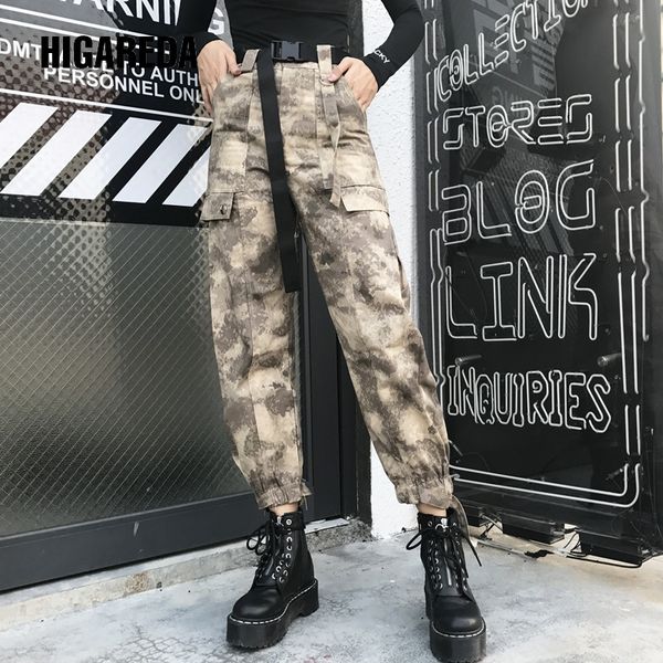 

camo pants women camouflage high waist cargo pants harajuku ladies trousers streetwear with belt pocket, Black;white