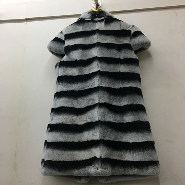 

85cm long russian rex fur vest/imitation chinchilla fur coat/grey diagonal striped gilet coat outwear sleeveles/plus size, Black