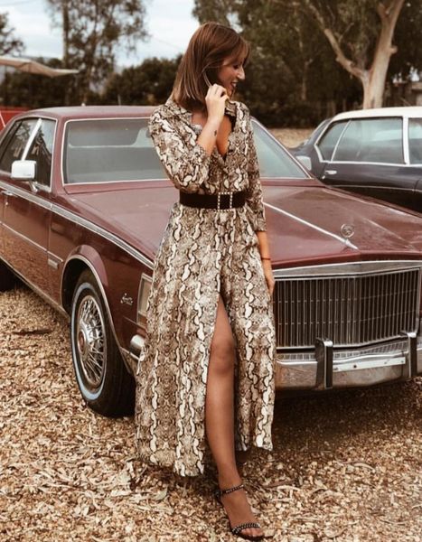 

2019 autumn casual printed a-link ankle-length dress with long sleeve ladies' stylish v-neck split dress, Black;gray