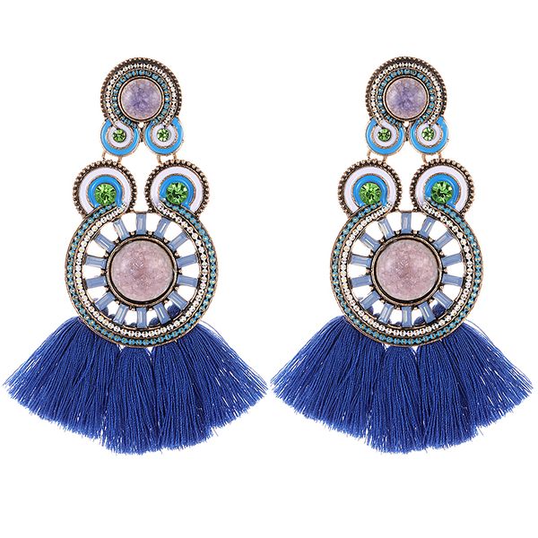 

fashion pink long tassel earrings for women bohemian statement green stone vintage crystal dangle drop earrings for girl jewelry, Golden