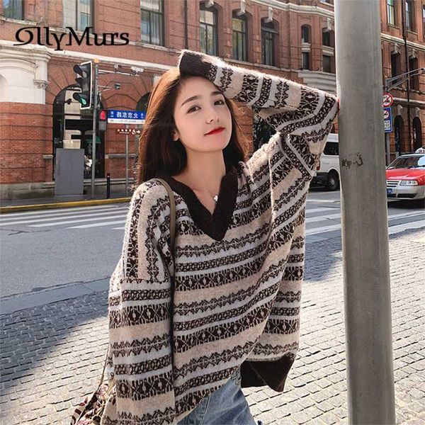 

vintage long sleeve women sweaters km120 knitting loose fashion female jumpers 2020 autunm winter chic knit v-neck pullovers, White;black