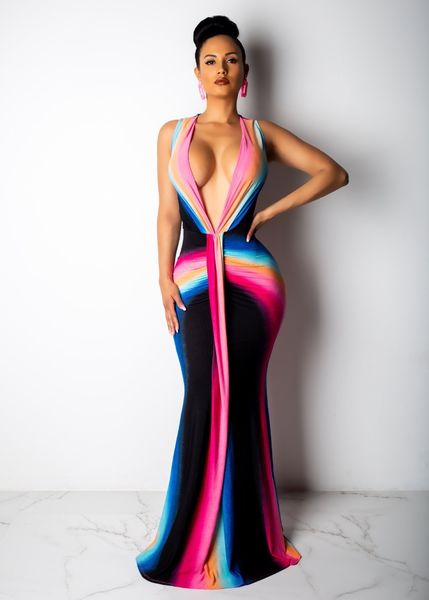 

deep v neck party mermaid dress summer sleeveless high waist maxi dress striped print floor length robes ny9115, Black;pink