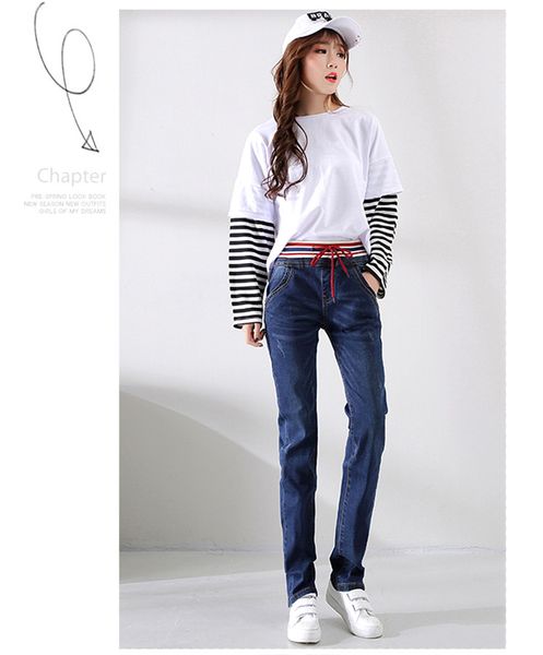 

deep blue light color elastic waist straight jeans