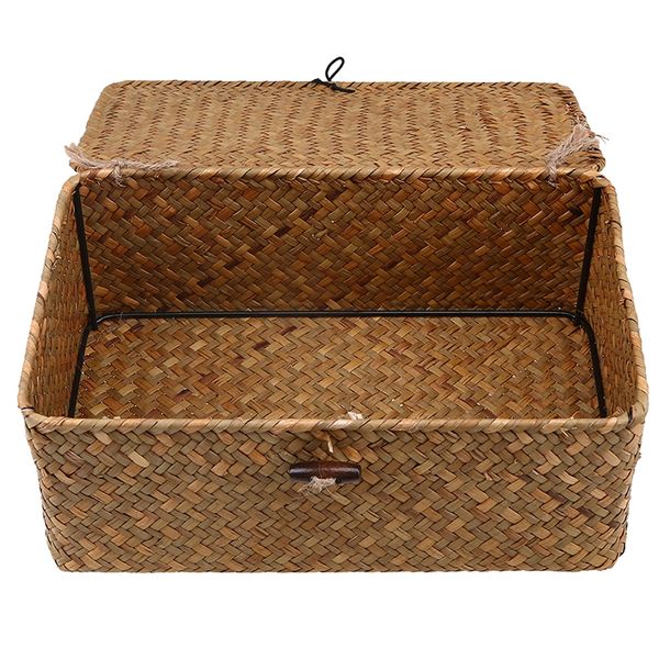 

1pcs rectangular handmade seagrass baskets with lids, multifunctional storage solution for home office kitchen storage