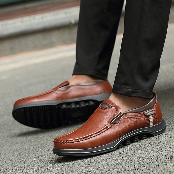 

layer leather daily lazy shoes grain leather one foot suede shoes hand stitching men's casual, Black