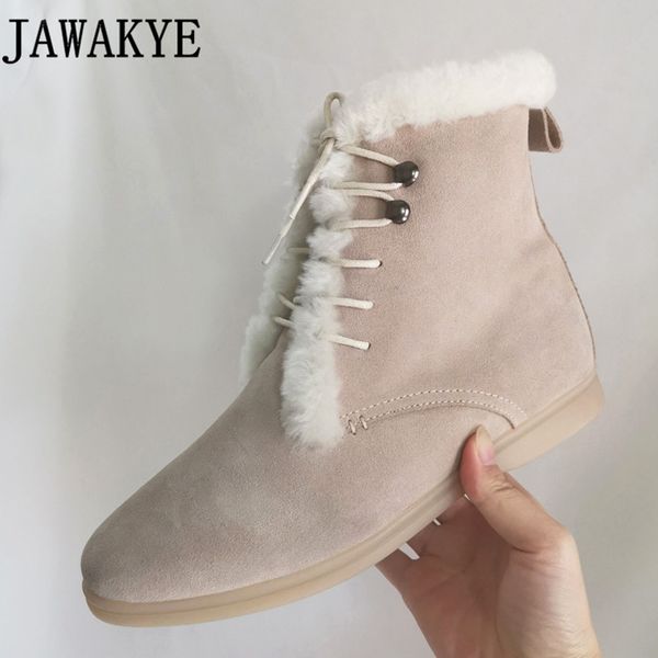 

winter wool women snow boots nude black high lace up ankle boots women flat fur shoes winter warm short femme