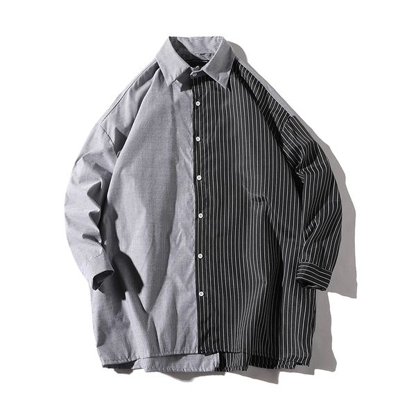 

2020 мода полосатый лоскутное мужчины рубашка три четверти рукав свободные кнопки вверх хип-хоп личность повседневная бренд рубашки человек, White;black