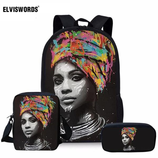 

elviswords black art afro girl school bag set for girls 3pcs kids schoolbag portfolio backpack satchel book racksack travel bags