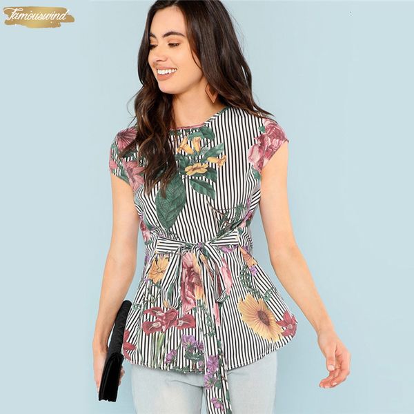 

cap sleeve belted floral blouse women striped summer shirts office ladies ol work 2019 casual womens regular blouses, White
