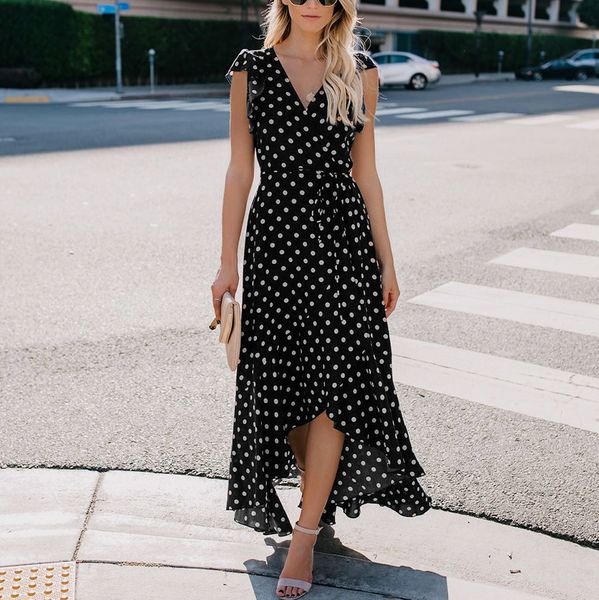 

dress women v-neck tunic dots boho long dress lady beach summer sundrss maxi robe femme blue red dresses high quality, Black;gray