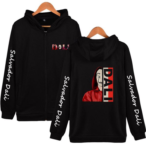 

harajuku men hoodies glasses salvador dali printed hooded sweatshirt streetwear casual zipper shirt long sleeve moletom, Black