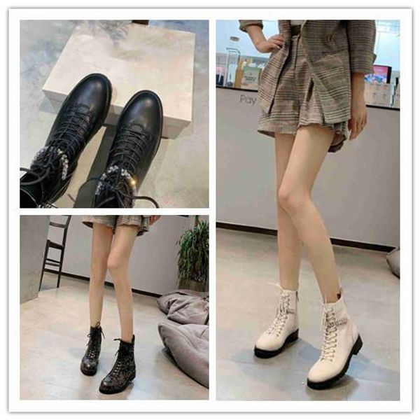 

fashion women's boots casual leather low heel martin boots international brand flat bottom with diamonds roman locomotive women's, Black
