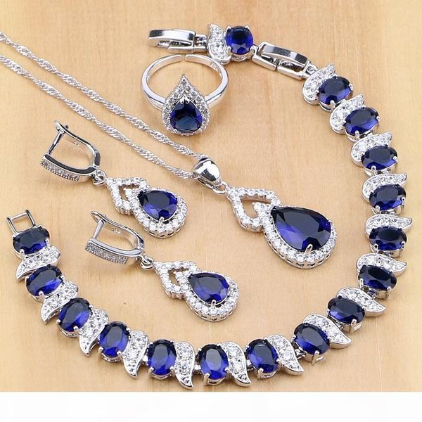 

blue created zircon white crystal 925 sterling silver jewelry sets for bridal open rings earrings pendant necklace bracelet