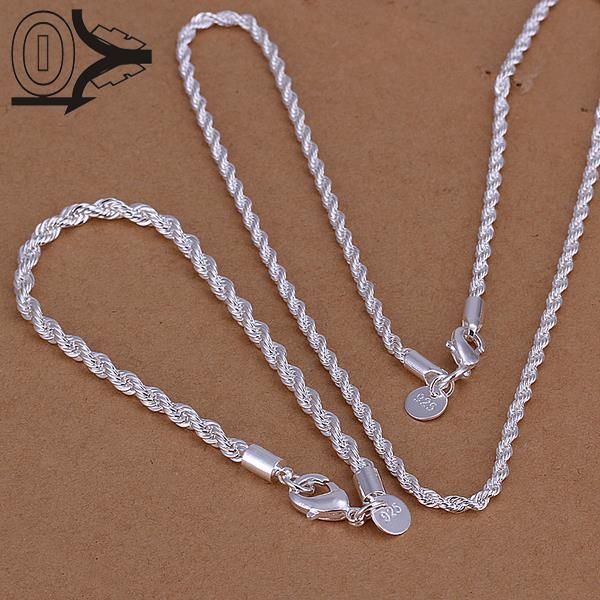 

wholesale silver plated jewelry set,fashion bridal accessories,silver twisted rope necklace bracelet for men two-pieces, Slivery;golden